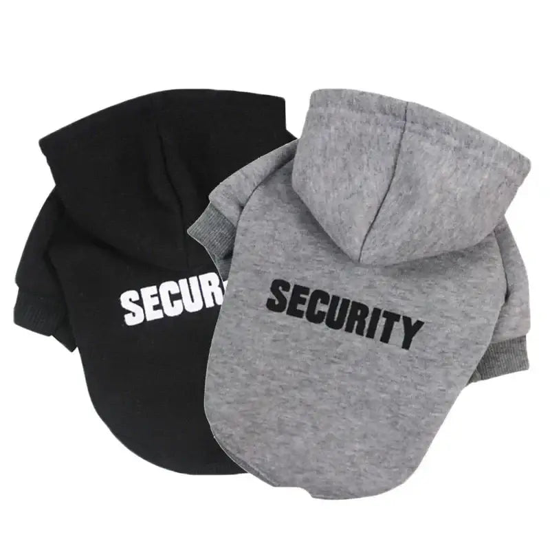 Two hooded sweatshirts for dogs with ’SECURITY’ printed on the back.