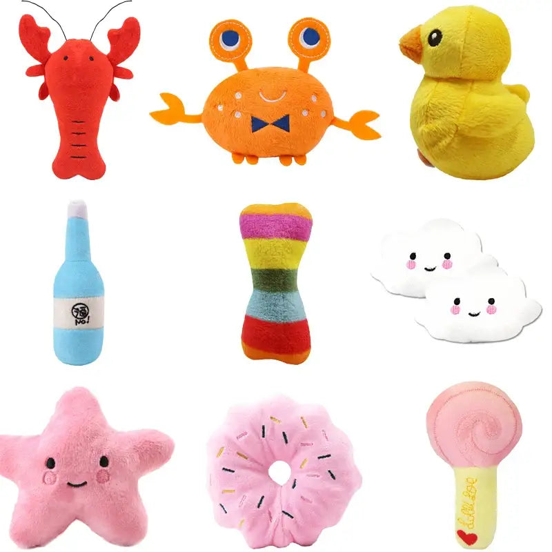 Collection of colorful plush toys and bath accessories for children.