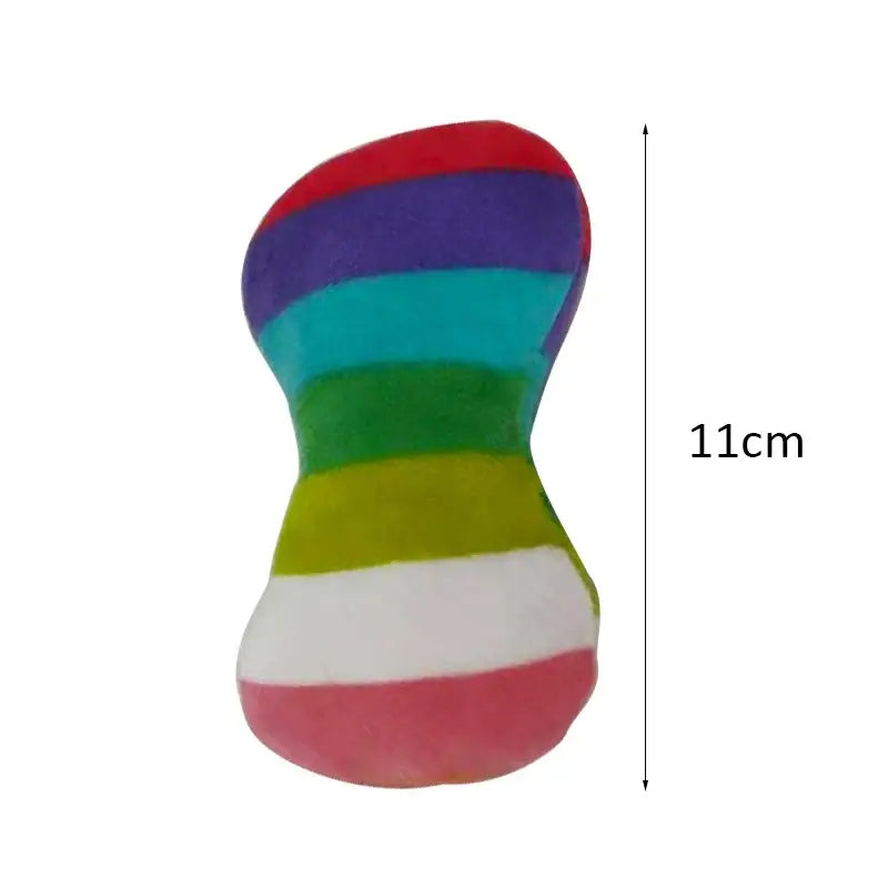 Colorful, rainbow-striped, hourglass-shaped object measuring 11cm in height.