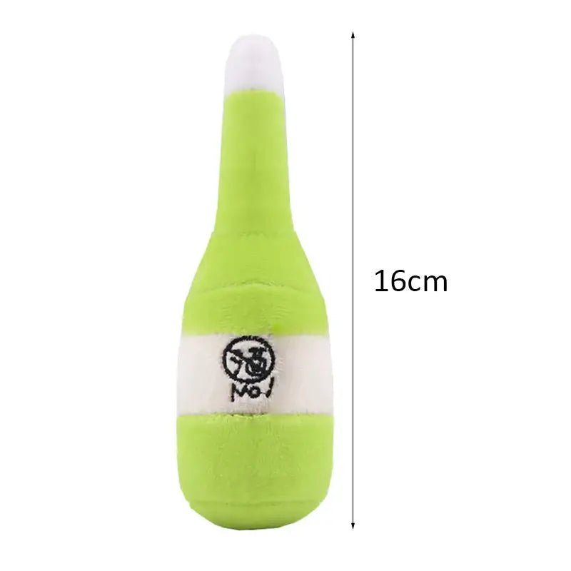 Plush toy shaped like a bright green and white wine bottle, measuring 16cm tall.