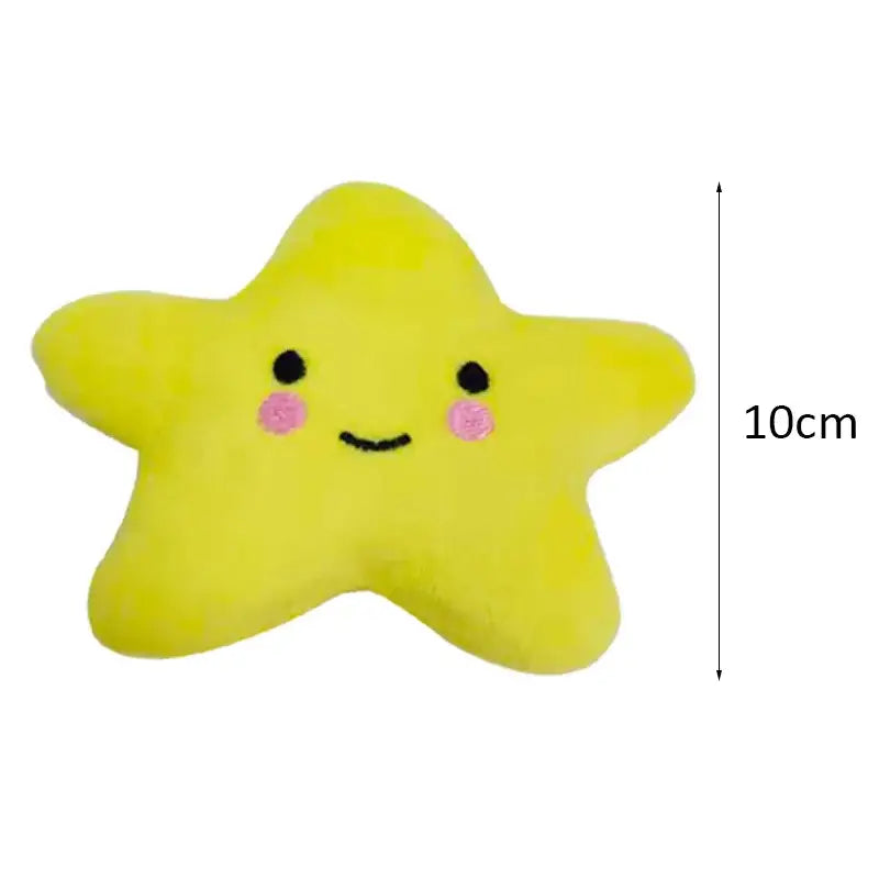 Yellow star-shaped plush toy with a cute smiling face.