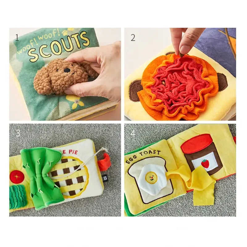 Collection of play food toys made from fabric or soft materials, including a cookie, spaghetti, pie, and toast with spreads.