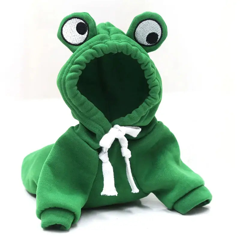 Green frog-themed hoodie with large googly eyes on the hood.