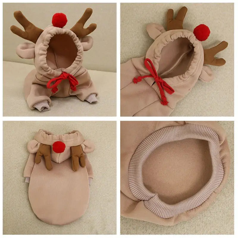 Reindeer-themed pet costume with antlers and a red nose.