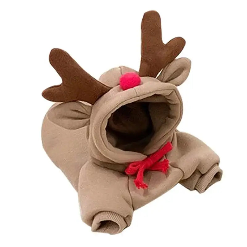 Reindeer-themed pet costume with antlers and a red nose.