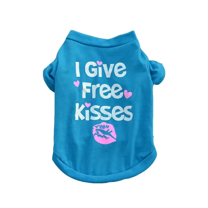 Bright blue dog shirt with ’I Give Free Kisses’ text and a pink lip print design.