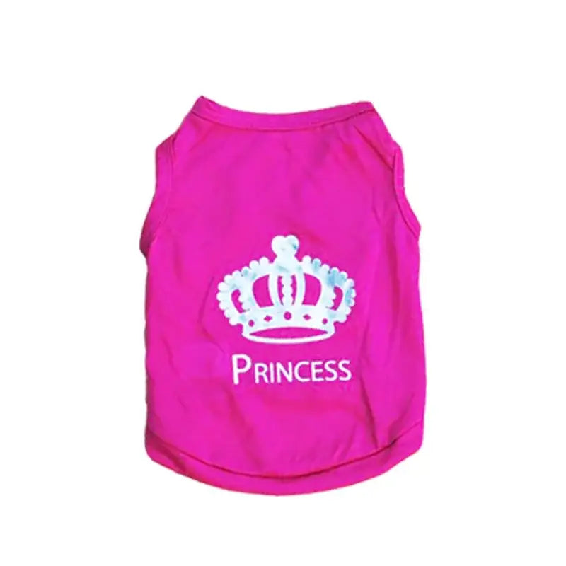 Bright pink dog shirt with a white crown design and ’Princess’ text.