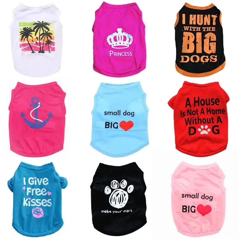 Collection of colorful dog shirts with various printed slogans and designs.