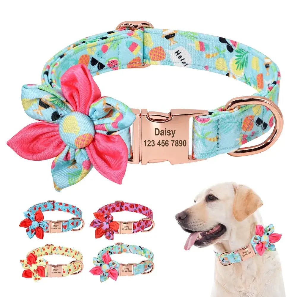 Colorful floral dog collar with a personalized metal tag and decorative flower attachment.