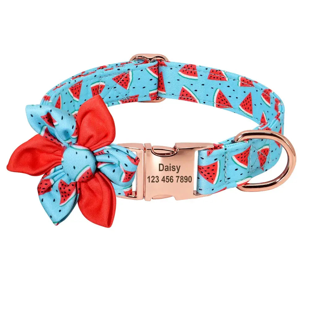 Dog collar with a watermelon pattern and decorative flower bow.