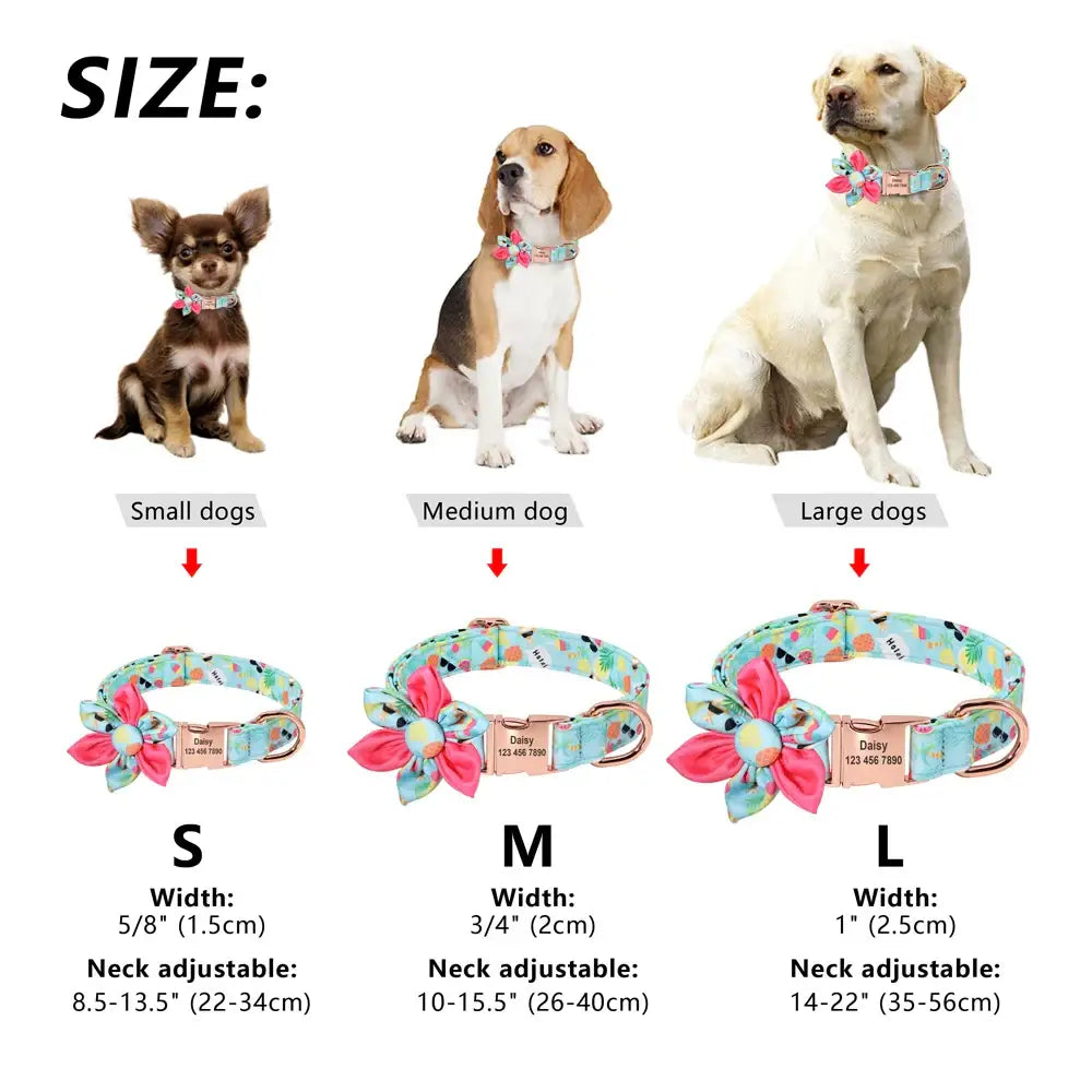 Floral dog collar available in three sizes with adjustable neck measurements.