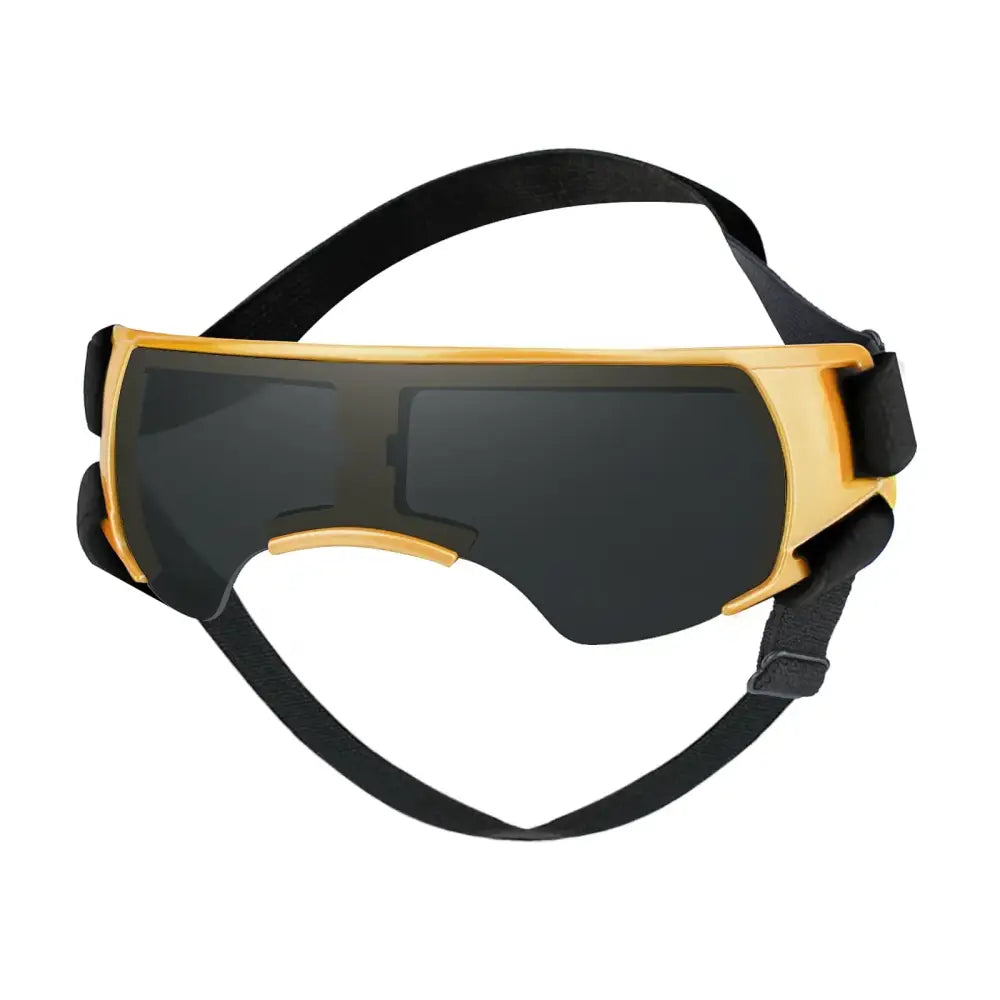 Eye mask or sleep mask with yellow frame and black straps.