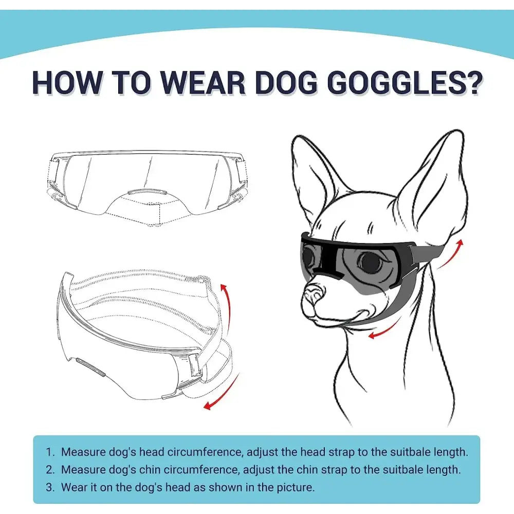 Instructional diagram showing how to properly fit and wear dog goggles.