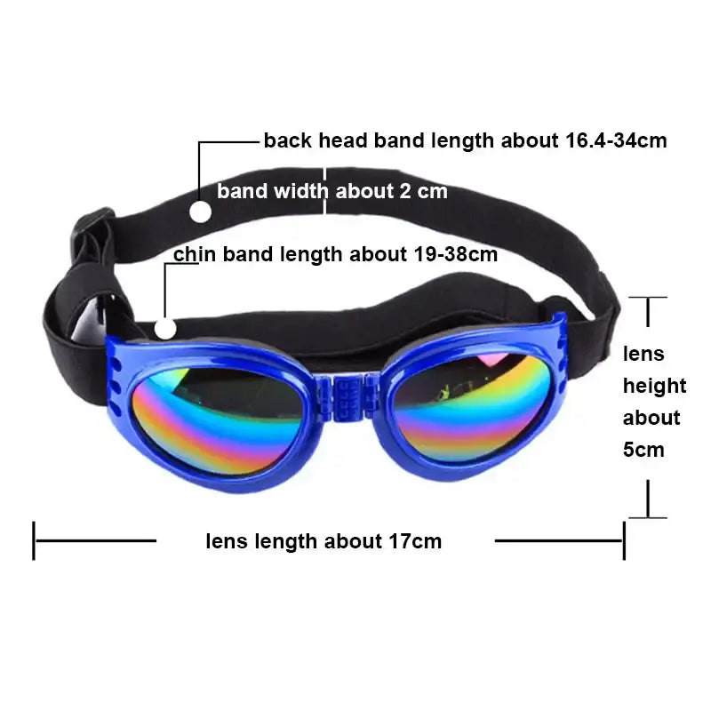 Blue-framed dog goggles with rainbow-tinted lenses and adjustable black straps.