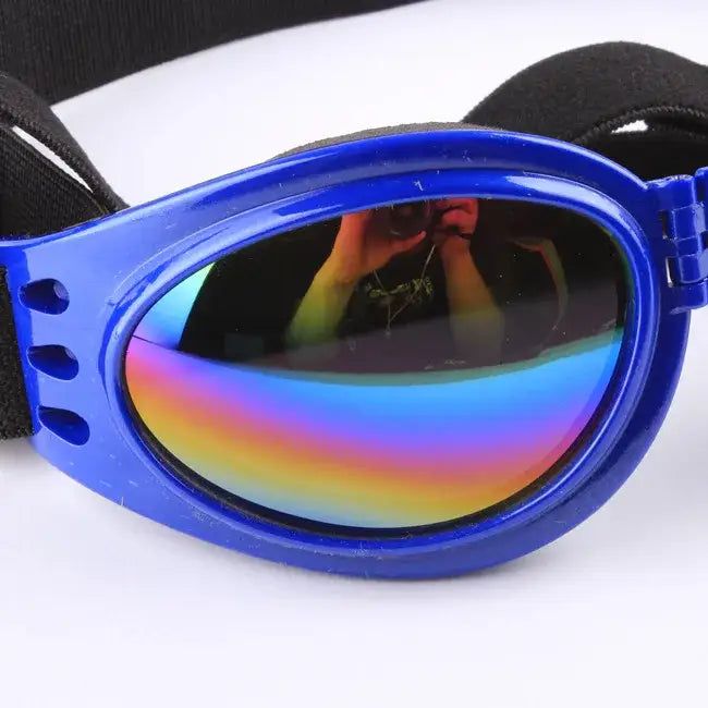 Blue-framed sports goggles with rainbow-tinted lenses.