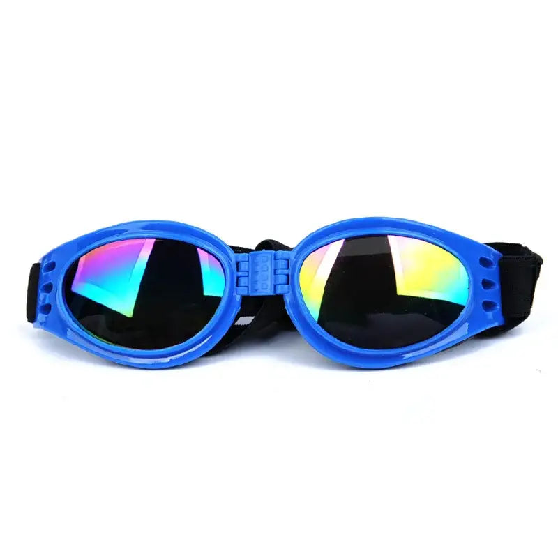 Blue goggles with colorful reflective lenses and an adjustable strap.