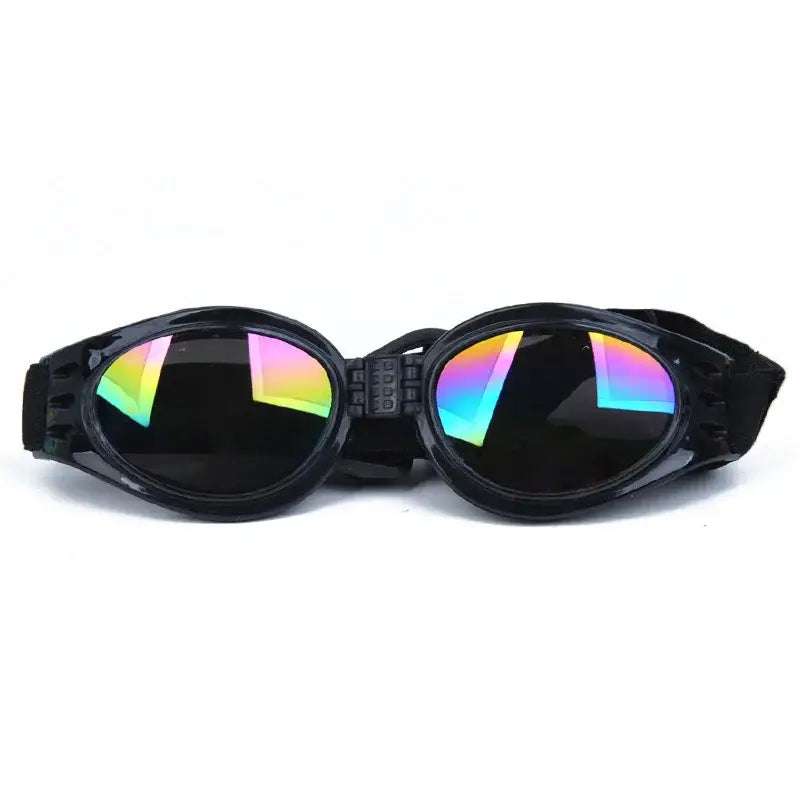 Pair of black goggles with rainbow-tinted lenses.