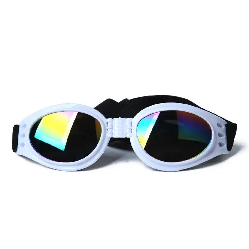 Pair of white-framed goggles with reflective rainbow-tinted lenses.