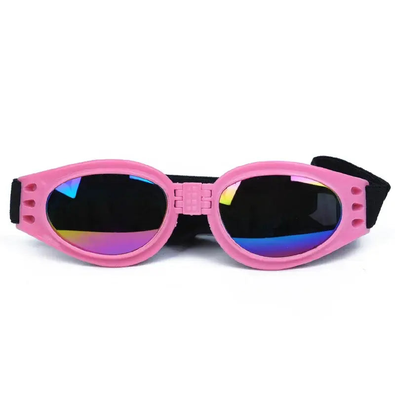 Pink sunglasses with colorful reflective lenses and a sporty design.