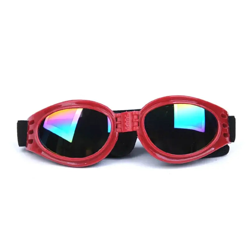 Red goggles with iridescent lenses and an adjustable strap.