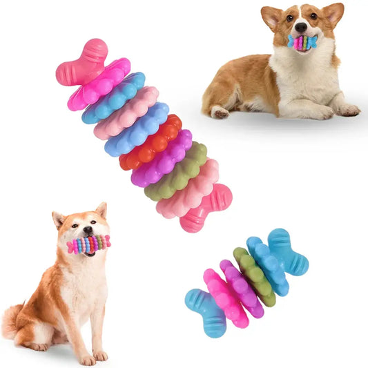 Colorful, bone-shaped chew toy for dogs with multiple stacked segments.