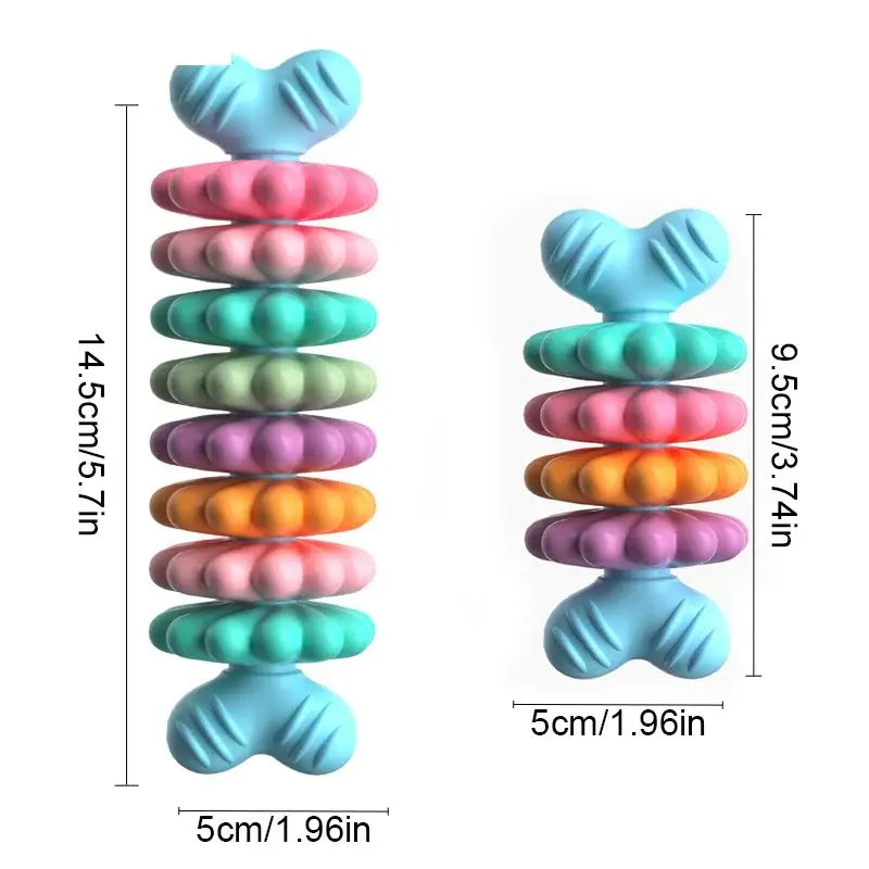 Colorful stacking toy with textured, disc-shaped pieces in pastel hues.