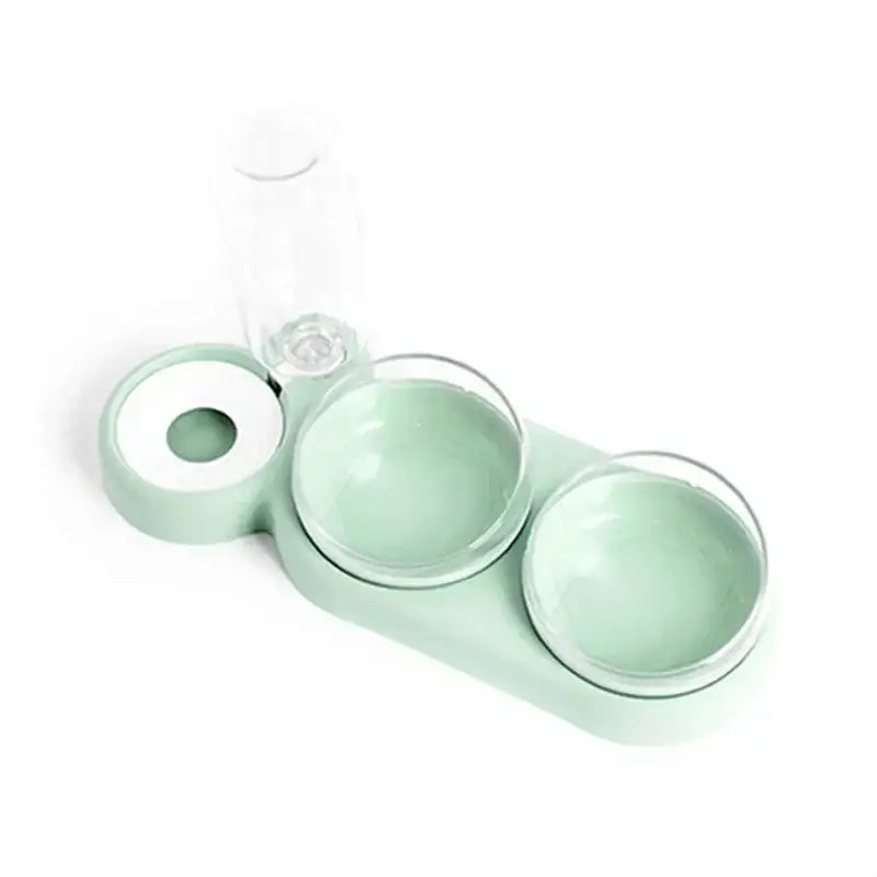 Mint green ceramic tray with two circular bowls and a glass vial.