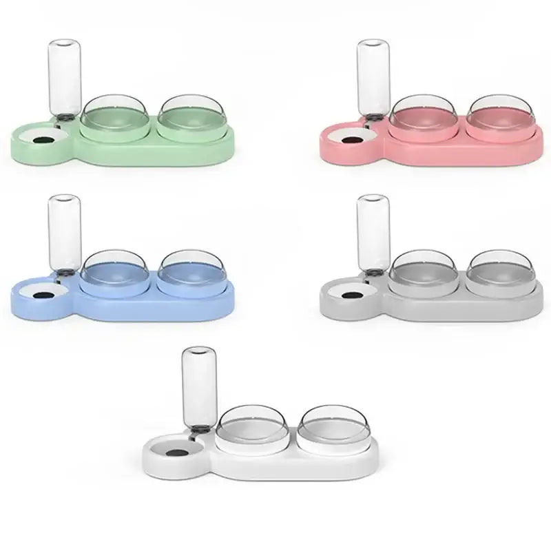 Pet feeding station with water bottle holder and two food bowls in various pastel colors.