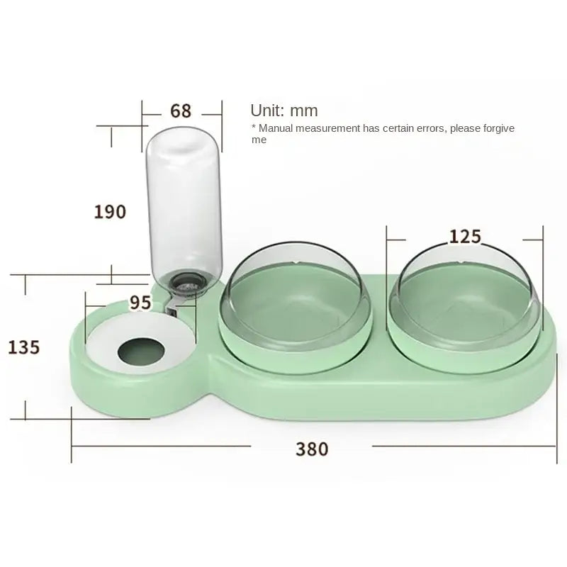 Pet feeding station with water bottle and two bowls on a mint green base.