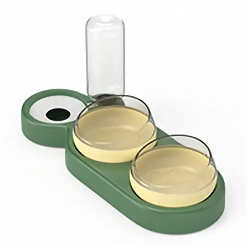 Portable pet water and food bowl set with a clear water bottle attachment.