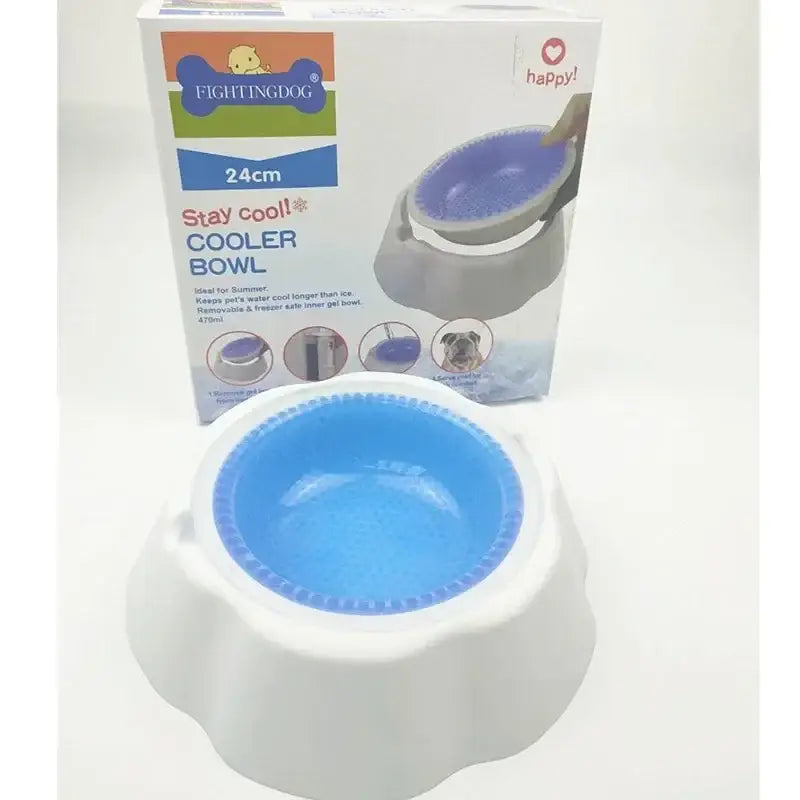 Blue and white plastic pet water bowl with a cooling feature.