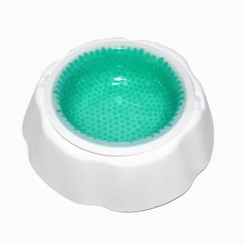 Pet water bowl with a textured green interior and white exterior.