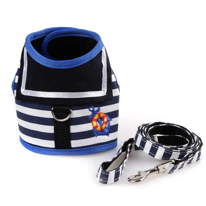 Nautical-themed dog harness with matching leash featuring navy and white stripes.