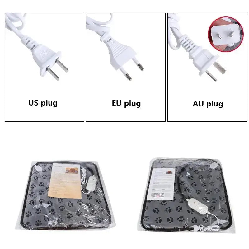 Electric heating pad with different plug options for US, EU, and AU power outlets.