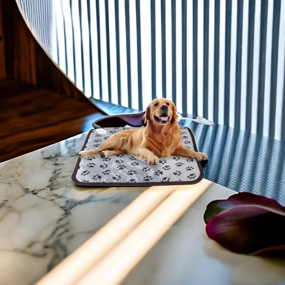 Golden Retriever dog lying on a patterned mat.