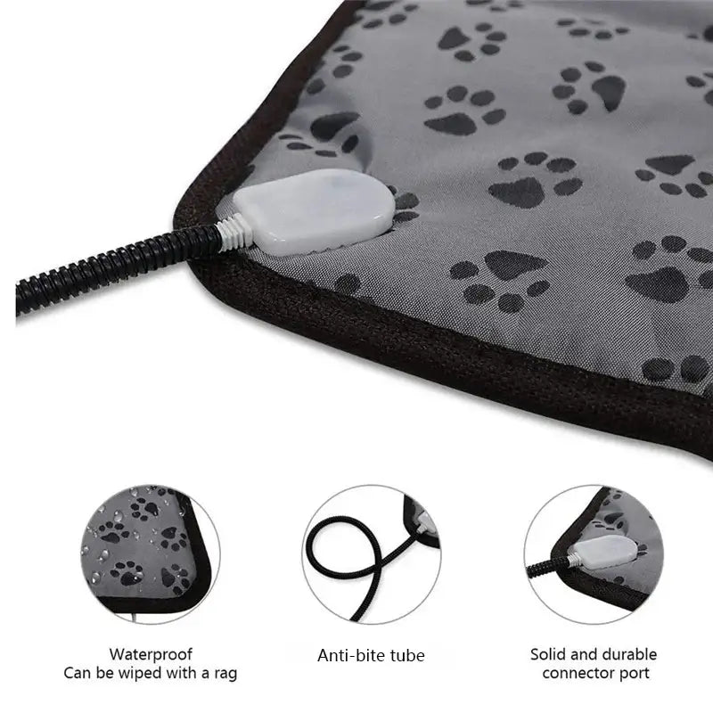 Pet heating pad with paw print design and safety features.