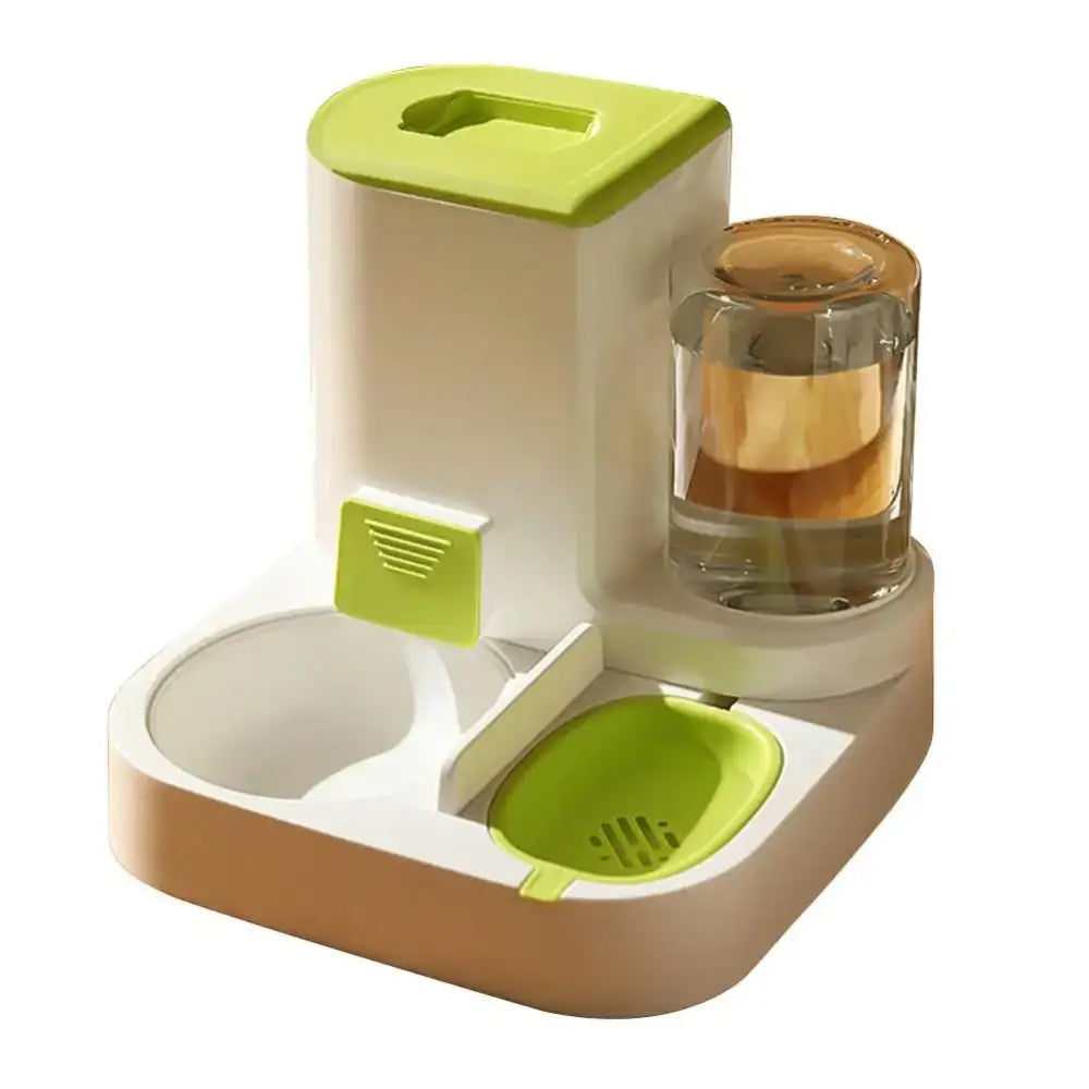 Automatic pet feeder and water dispenser with green and white components.