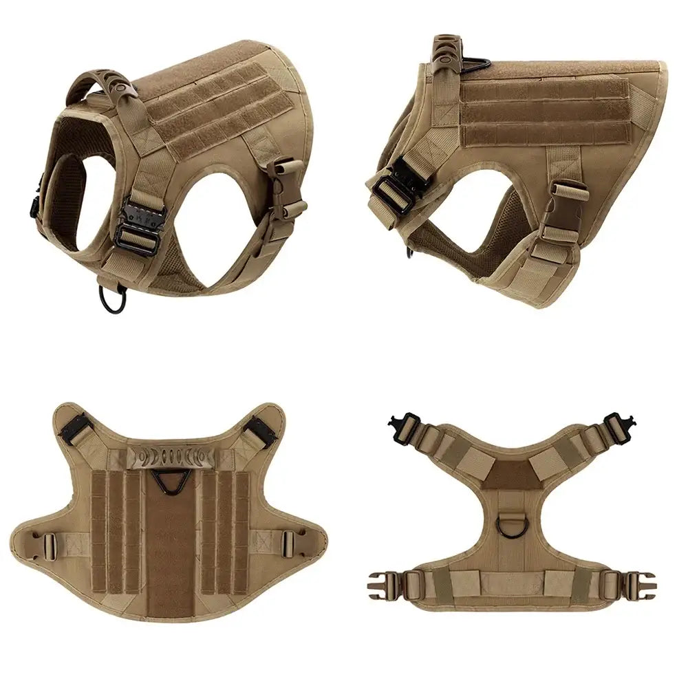 Tactical dog harness shown from multiple angles in tan color.