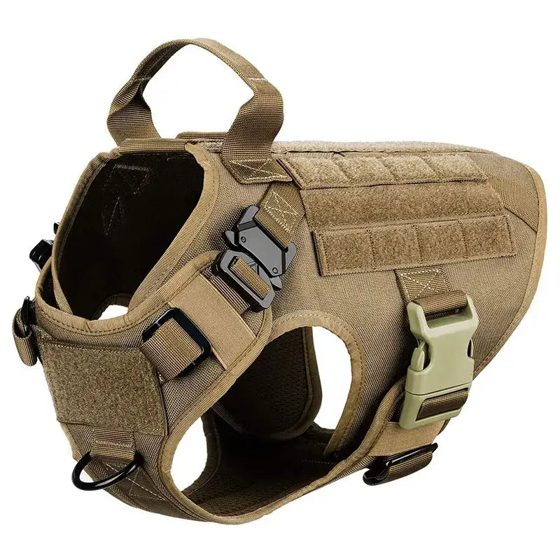 Tactical military-style dog harness in tan color with adjustable straps and MOLLE webbing.