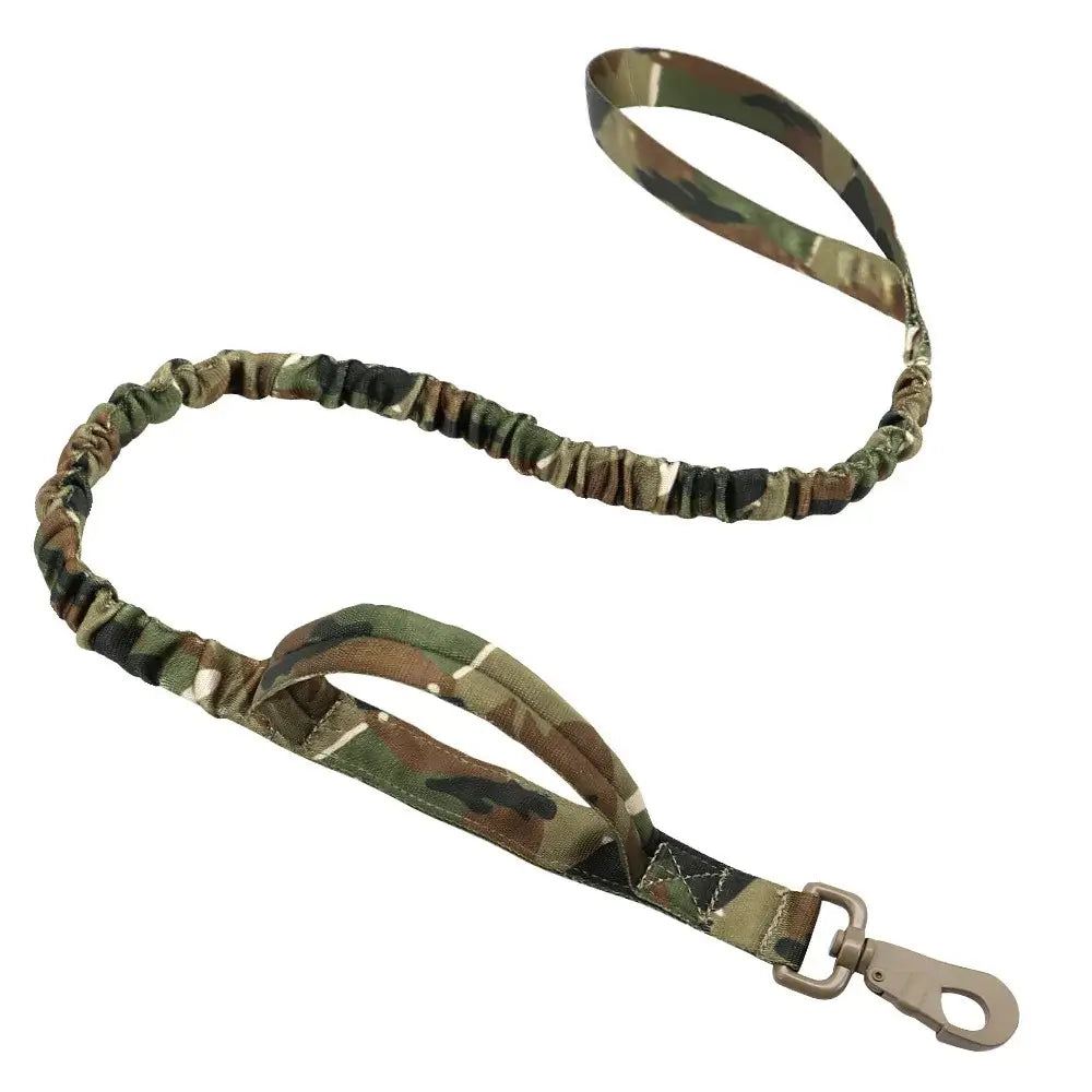 Camouflage-patterned elastic dog leash with a handle and metal clip.