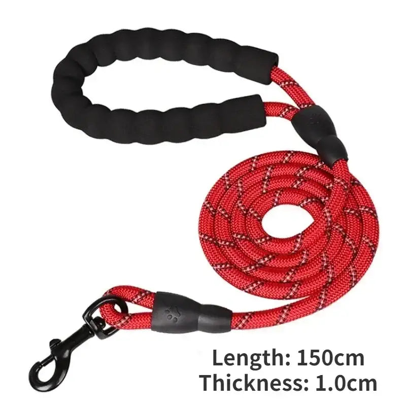 Dog leash with a black padded handle and red rope section, measuring 150cm in length.