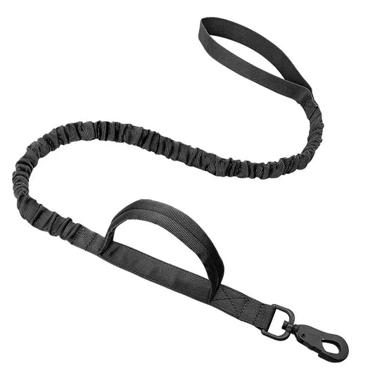 Elastic dog leash with a handle and clip attachment.