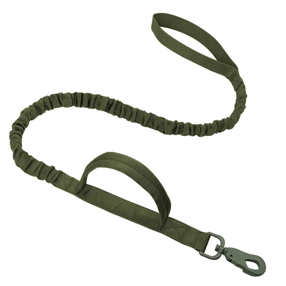 Olive green elastic dog leash with a handle and clip.