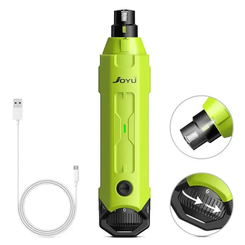 Bright green electric screwdriver or power tool with USB charging cable.