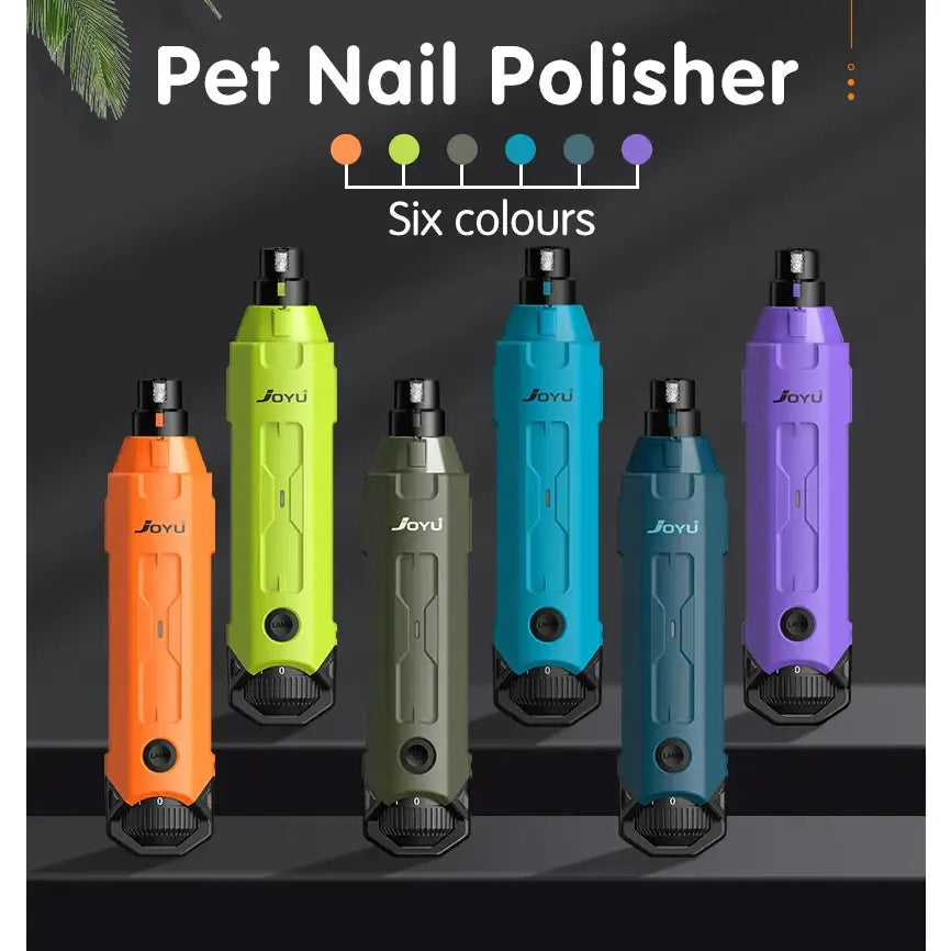 Colorful electric pet nail grinders in six different hues.