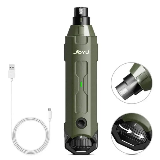 Olive green electric screwdriver or drill with USB charging cable and close-up detail images.