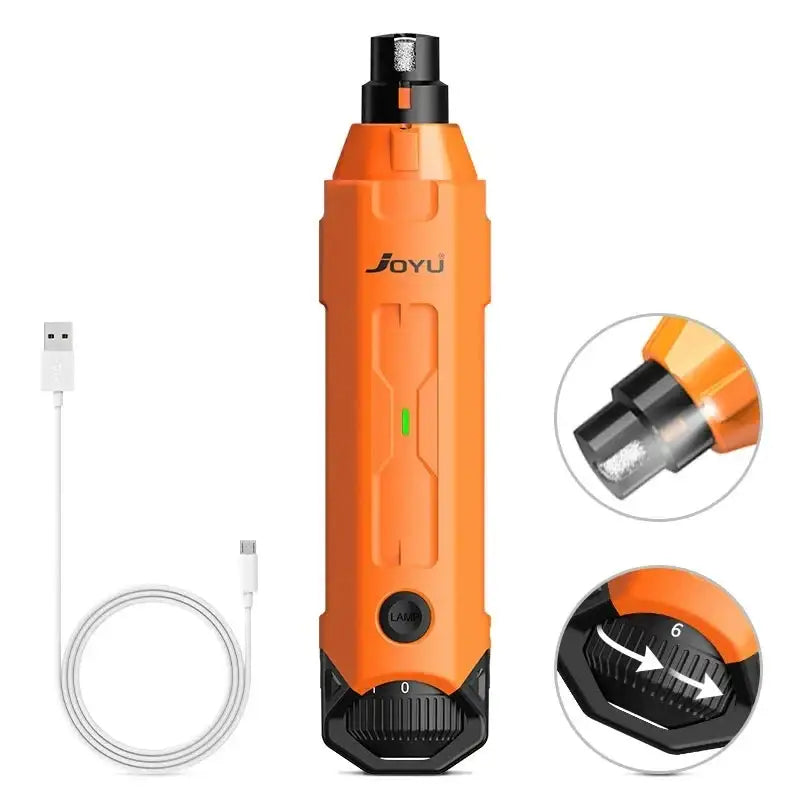 Orange electric screwdriver or power tool with USB charging cable.