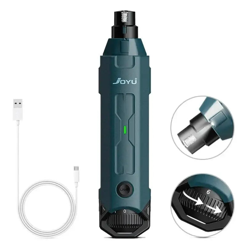 Teal-colored electric screwdriver or power tool with USB charging cable and attachments.