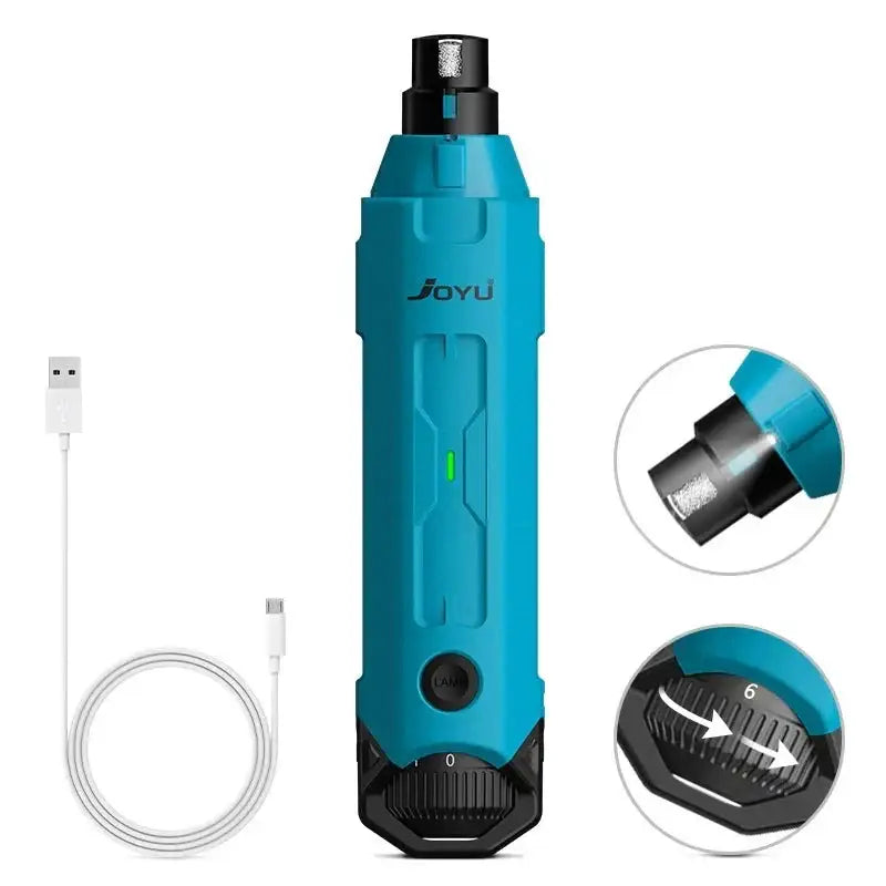 Teal-colored electric screwdriver or power tool with USB charging cable.