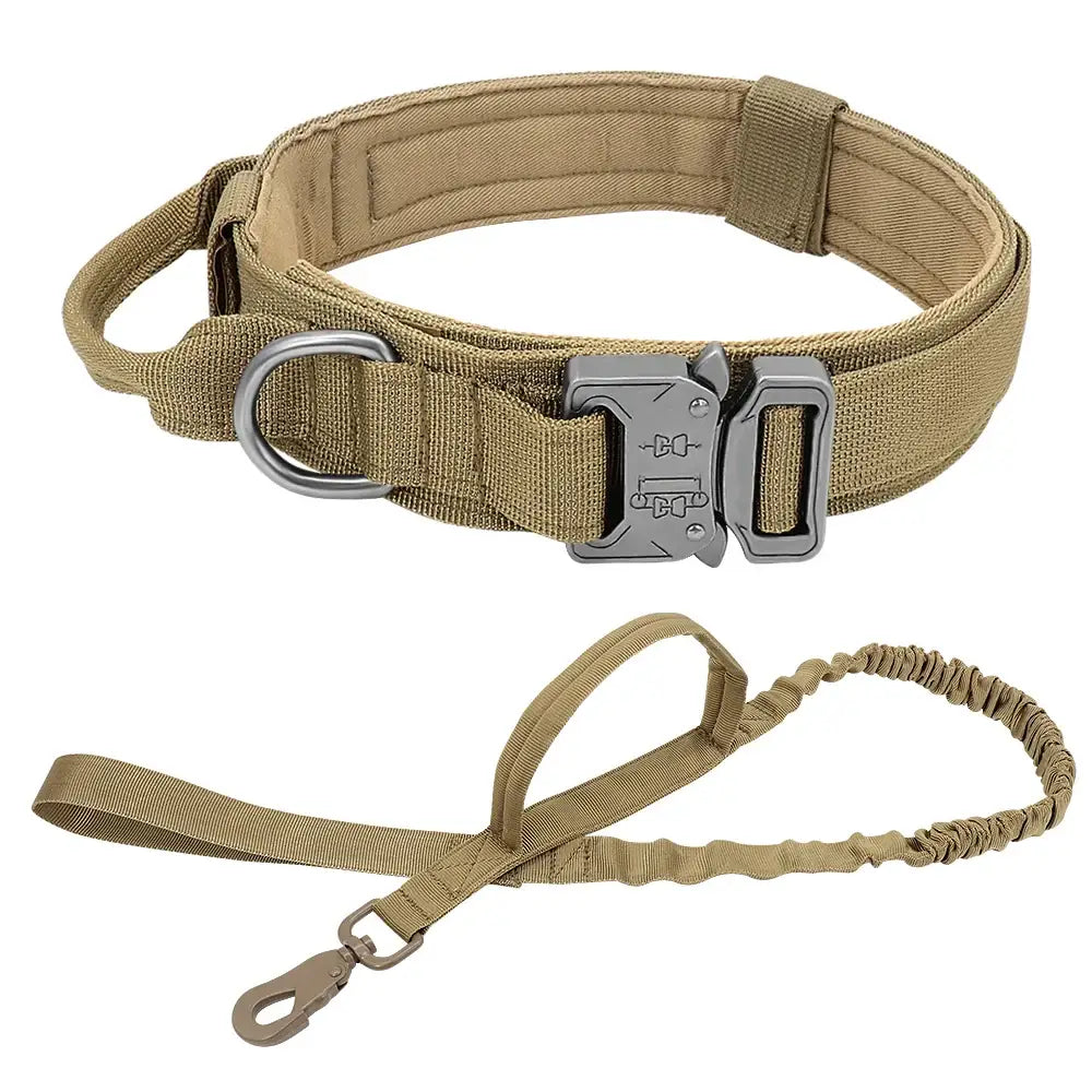 Tactical dog collar with attached bungee leash in tan color.